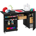 Large Portable Folding Sewing Table Multipurpose Craft Station w/ Wheels - Black