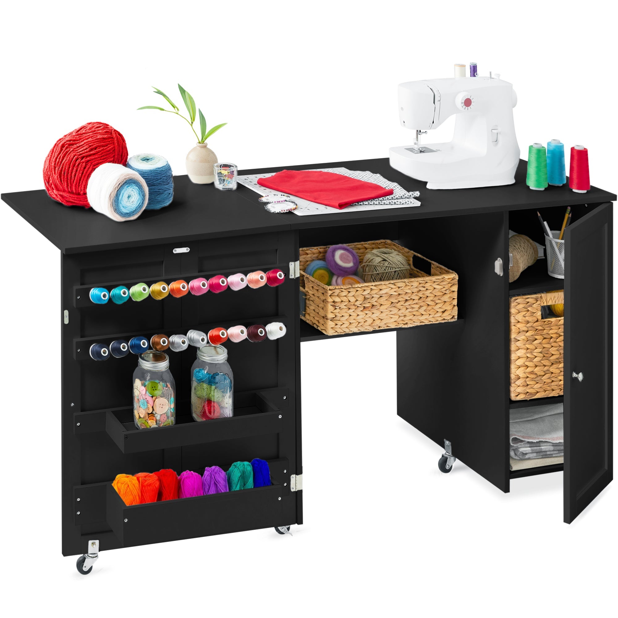 Large Portable Folding Sewing Table Multipurpose Craft Station w/ Wheels - Black