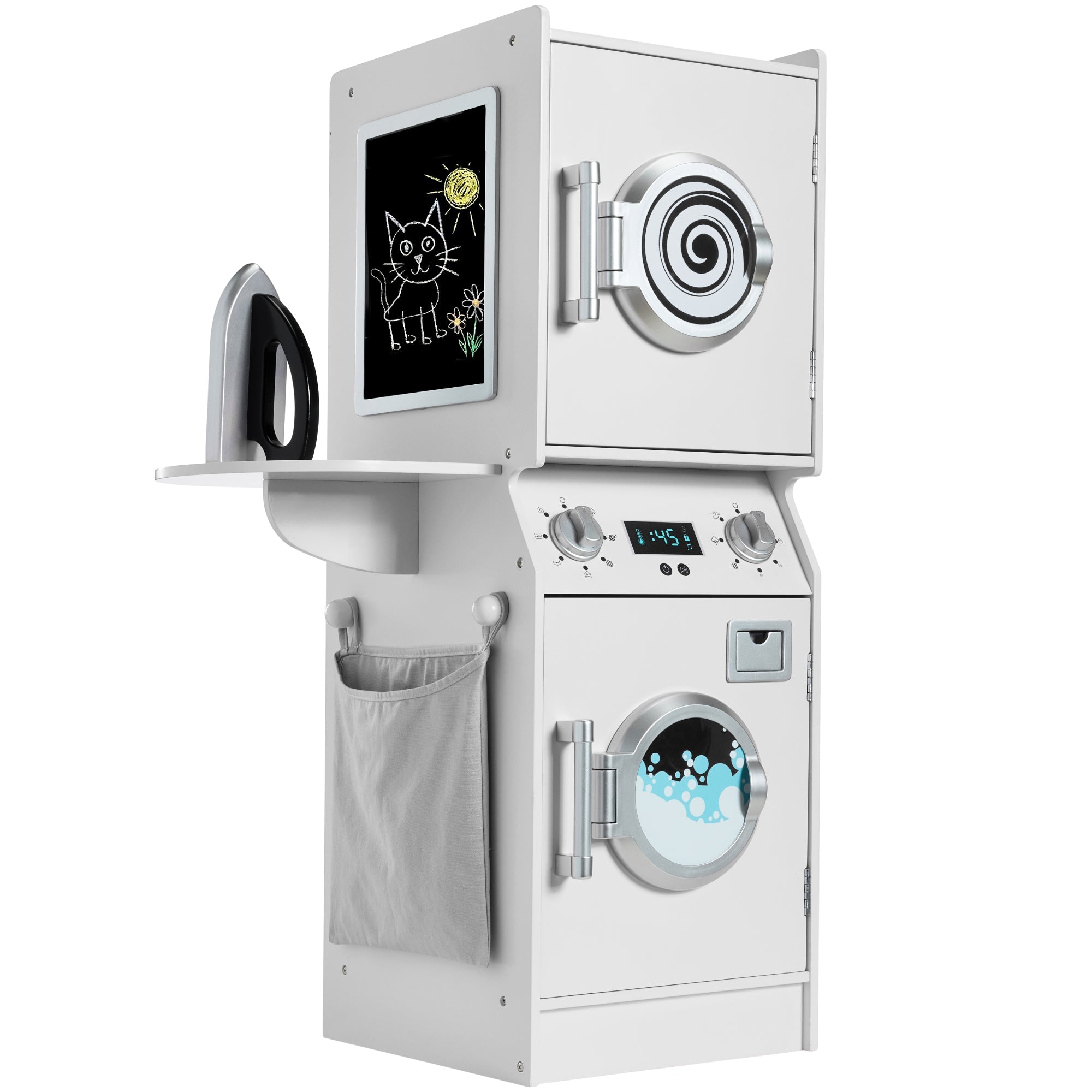 Pretend Play Kids Wooden Washer & Dryer Set w/ Laundry Accessories - White