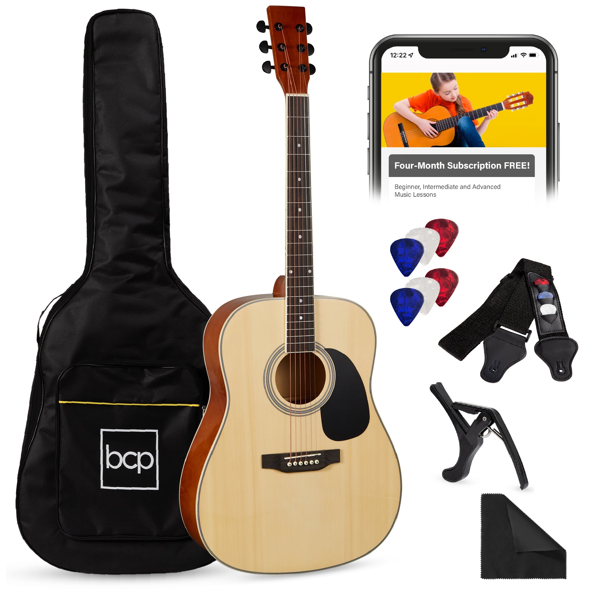 41in Acoustic Guitar Starter Kit w/ Digital Tuner, Padded Case, Picks, Strap - Natural