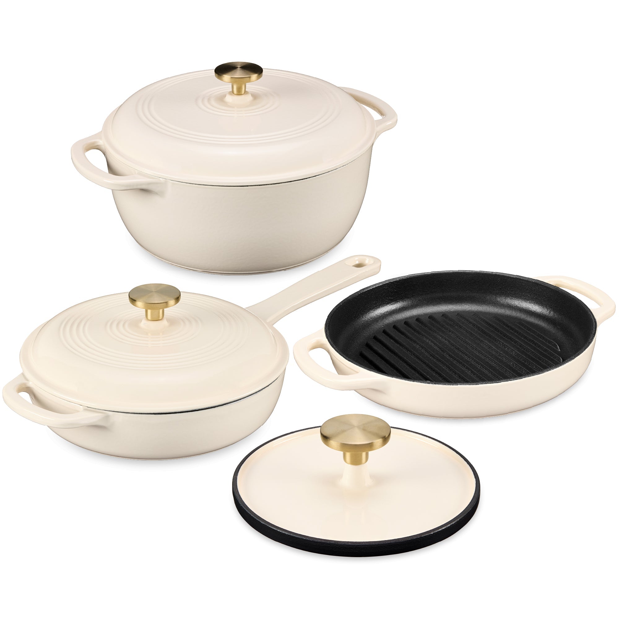 Non-Stick Pot & Pan Cookware Set, Cast Iron Skillet, Pan, Press, Dutch Oven - Vanilla