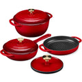 Non-Stick Pot & Pan Cookware Set, Cast Iron Skillet, Pan, Press, Dutch Oven - Red