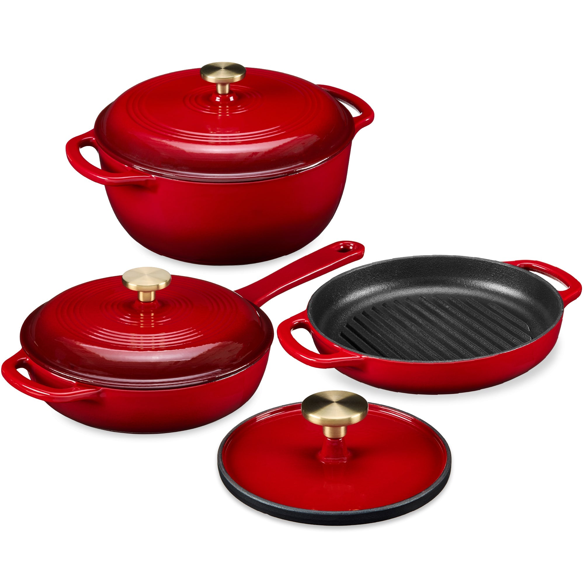 Non-Stick Pot & Pan Cookware Set, Cast Iron Skillet, Pan, Press, Dutch Oven - Red