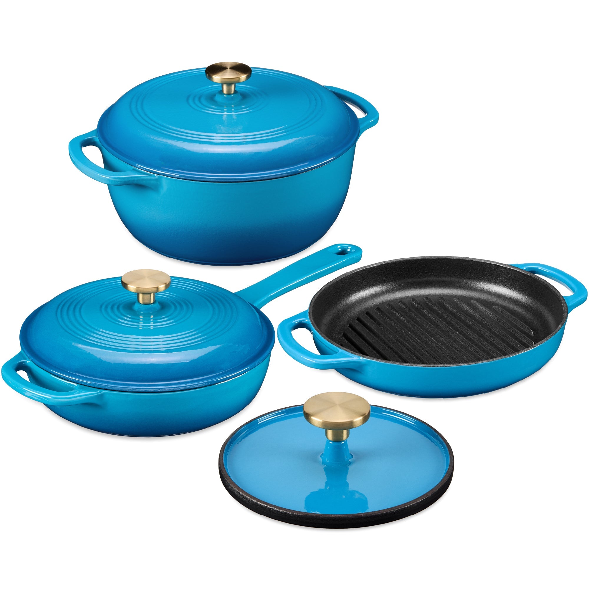 Non-Stick Pot & Pan Cookware Set, Cast Iron Skillet, Pan, Press, Dutch Oven - Blue