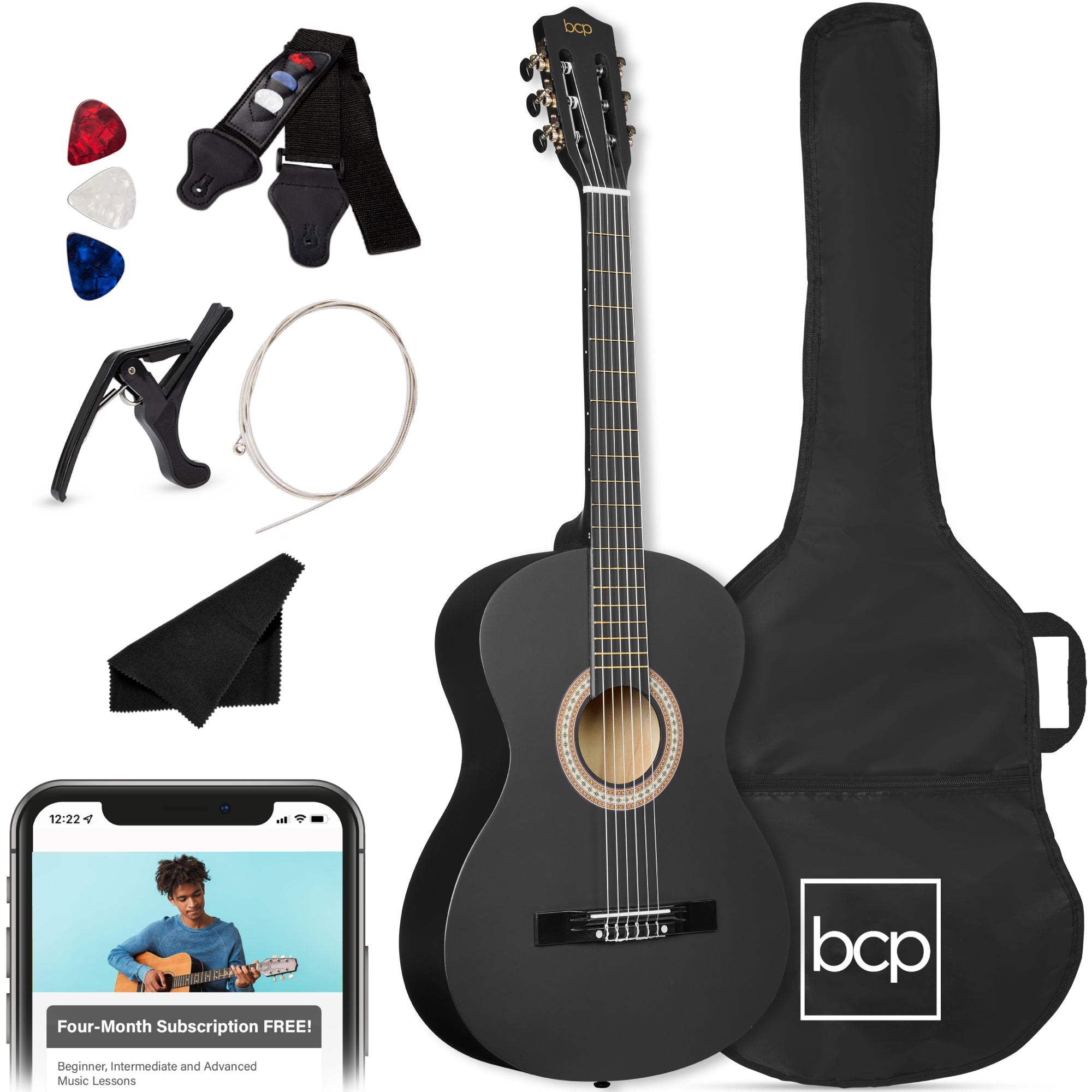 Beginner Acoustic Guitar Set w/ Case, Strap, Extra Strings - 38in - Walmart Black