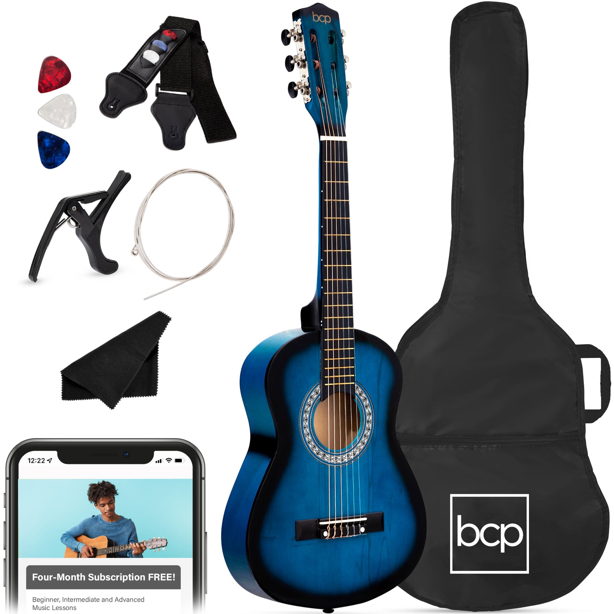Beginner Acoustic Guitar Set w/ Case, Strap, Extra Strings - 38in - Walmart Blue