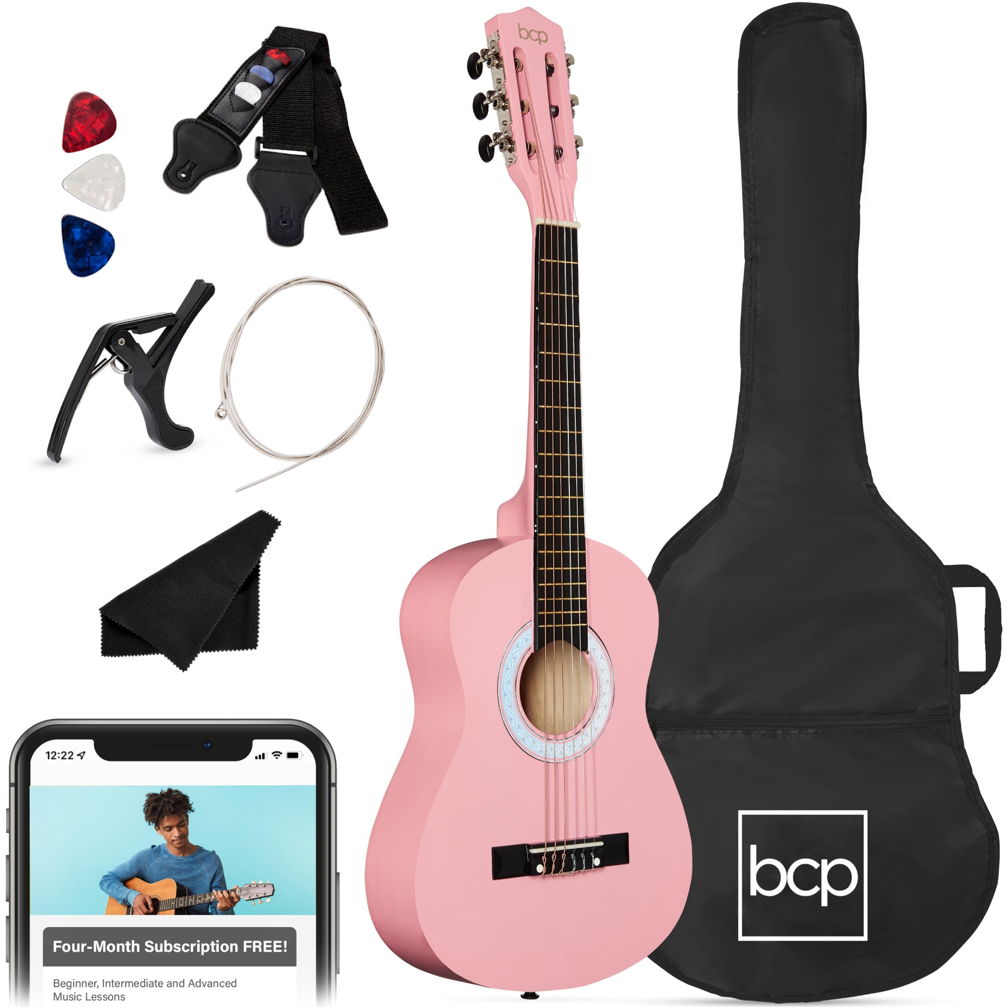 Beginner Acoustic Guitar Set w/ Case, Strap, Extra Strings - 38in - Walmart Pink