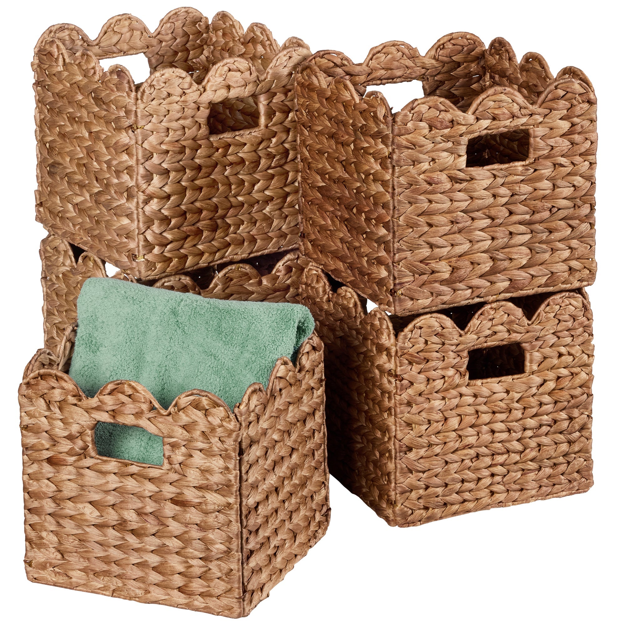 Scalloped 10.5 x 10.5in Hyacinth Storage Basket Set of 5 - Chestnut