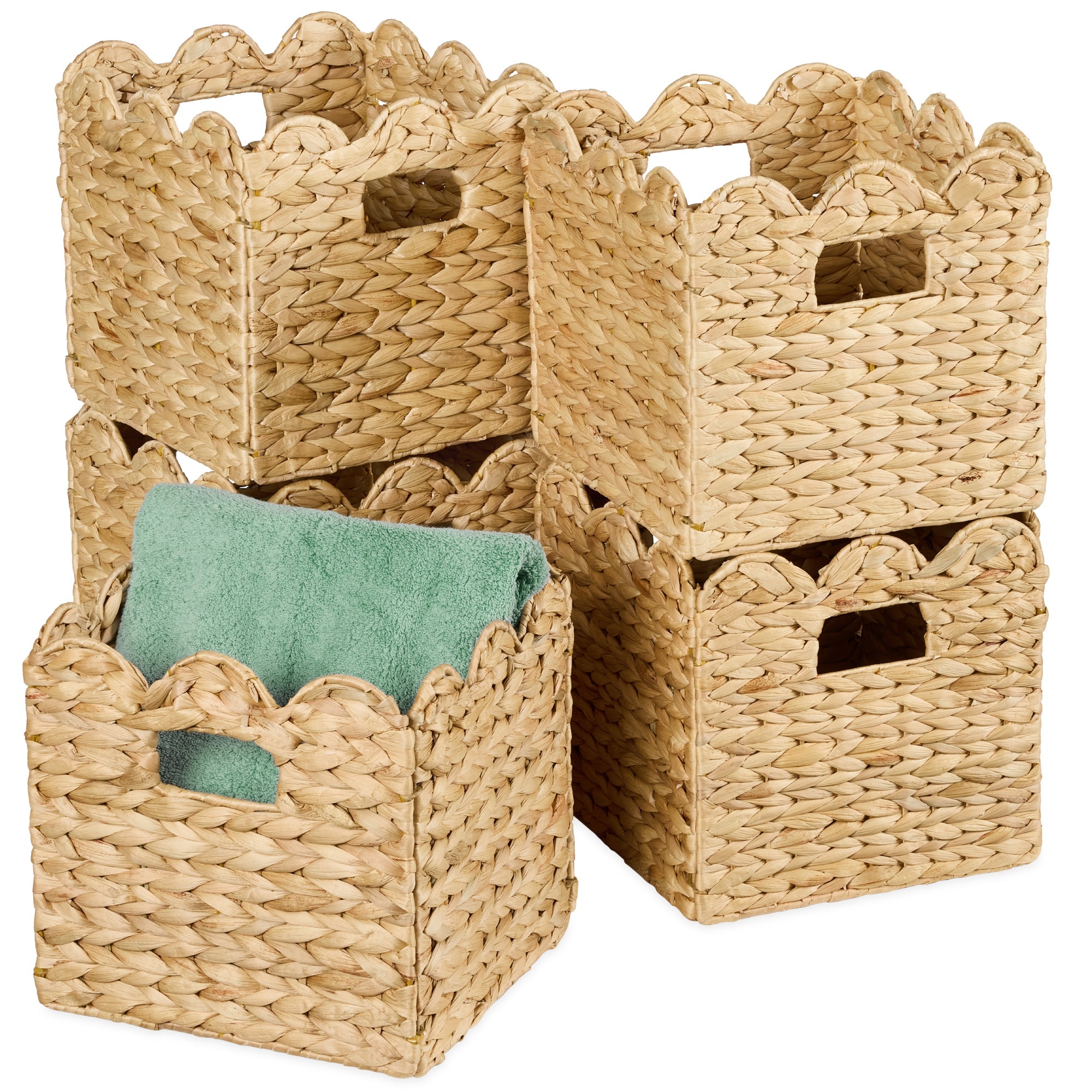 Scalloped 12x 12 Hyacinth Storage Basket Set of 5 - Natural