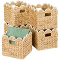 Scalloped 12x 12 Hyacinth Storage Basket Set of 5 - Natural with White Trim