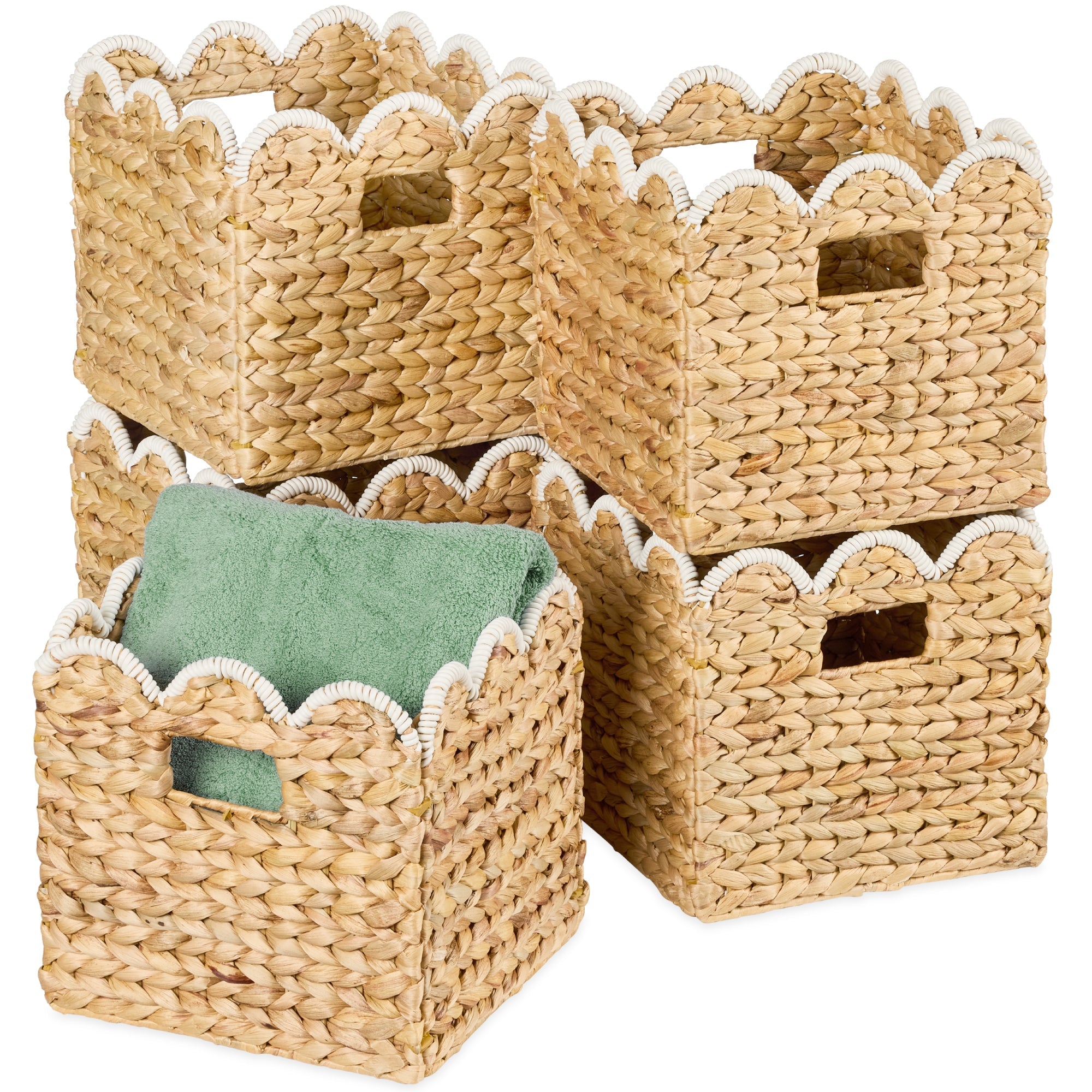 Scalloped 12x 12 Hyacinth Storage Basket Set of 5 - Natural with White Trim