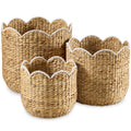 Scalloped 3PC Water Hyacinth Nesting Baskets - Natural with White Trim