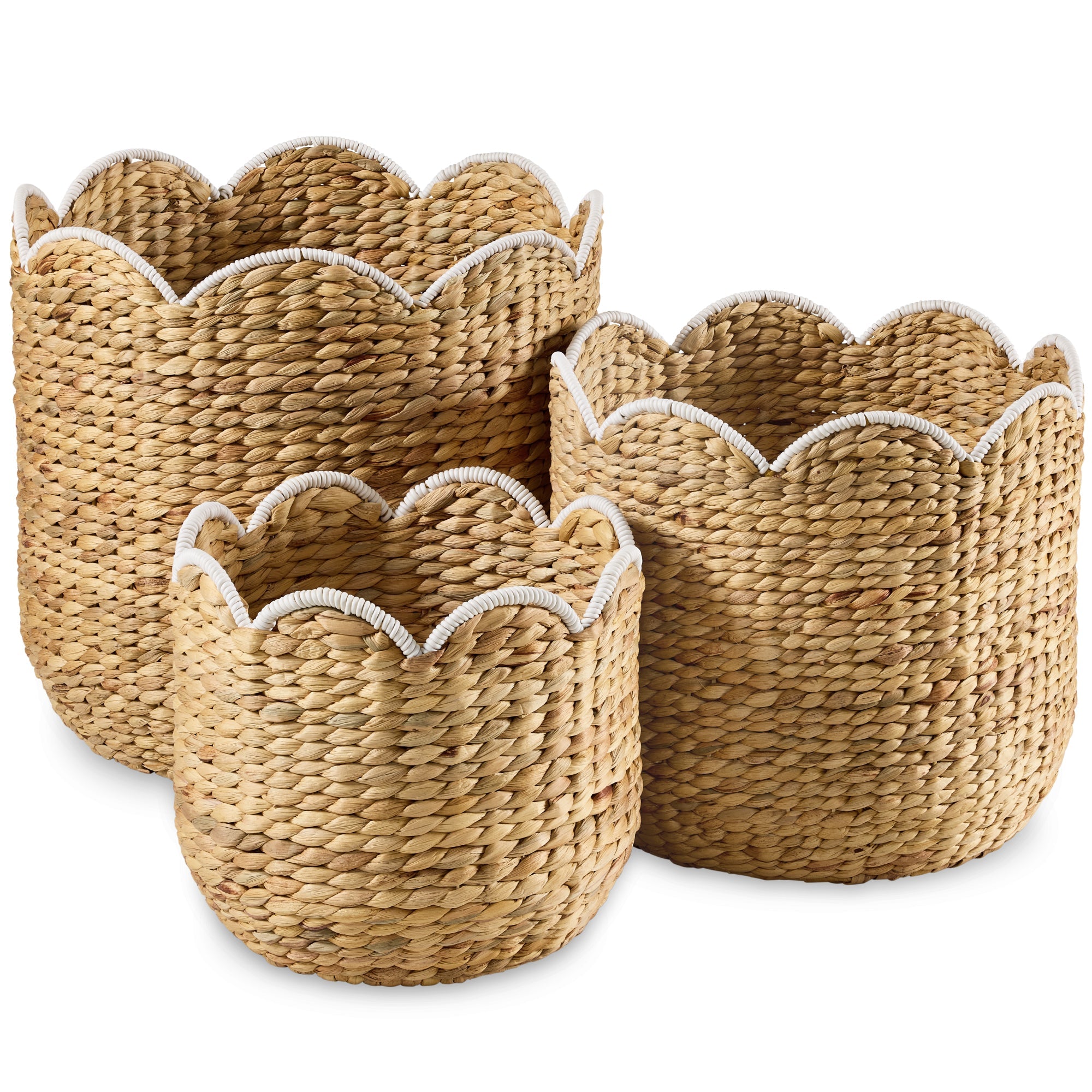 Scalloped 3PC Water Hyacinth Nesting Baskets - Natural with White Trim