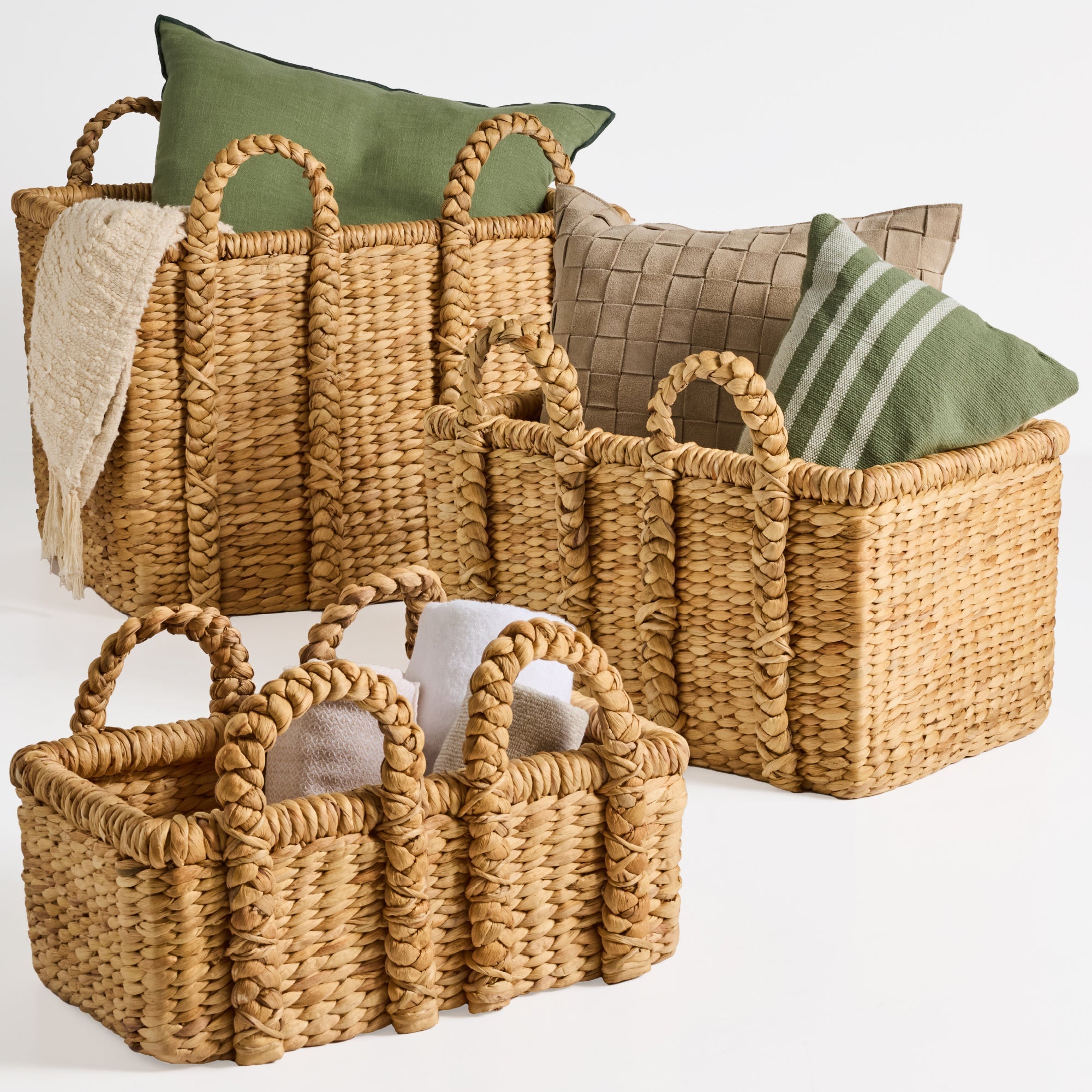 3Pc Shelf Baskets, Small, Large & XL Chunky Woven Baskets w/ Braided Handles - Natural
