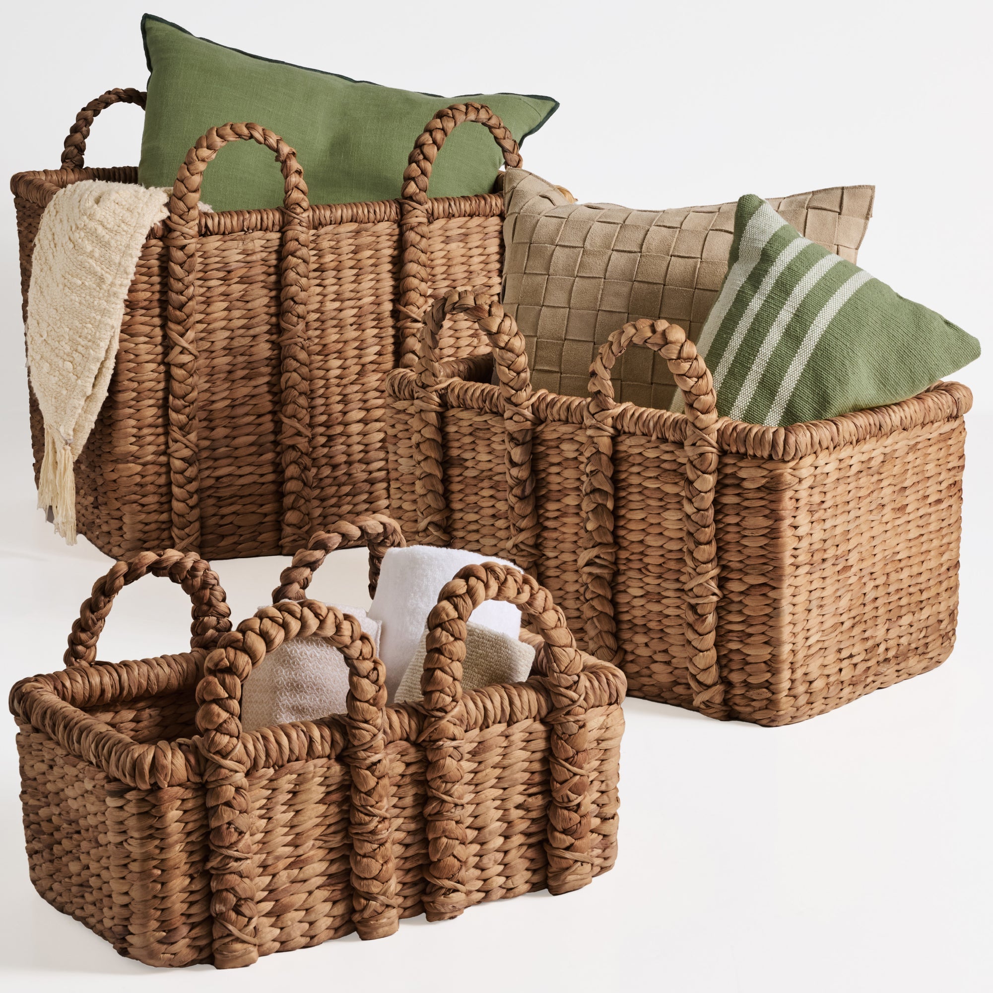 3Pc Shelf Baskets, Small, Large & XL Chunky Woven Baskets w/ Braided Handles - Chestnut