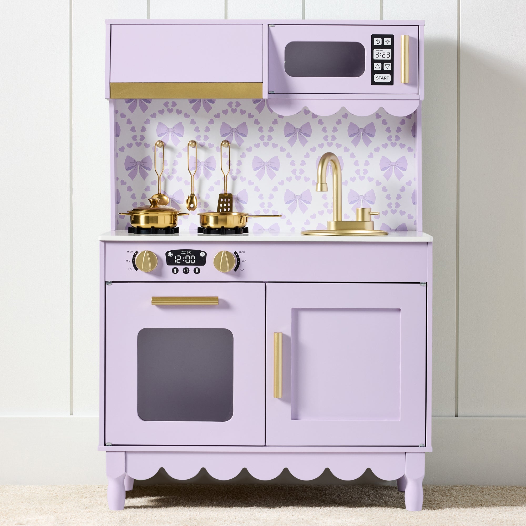 Pretend Play Cottage Kitchen Wooden Toy Set for Kids w/ 5 Accessories - Lavender