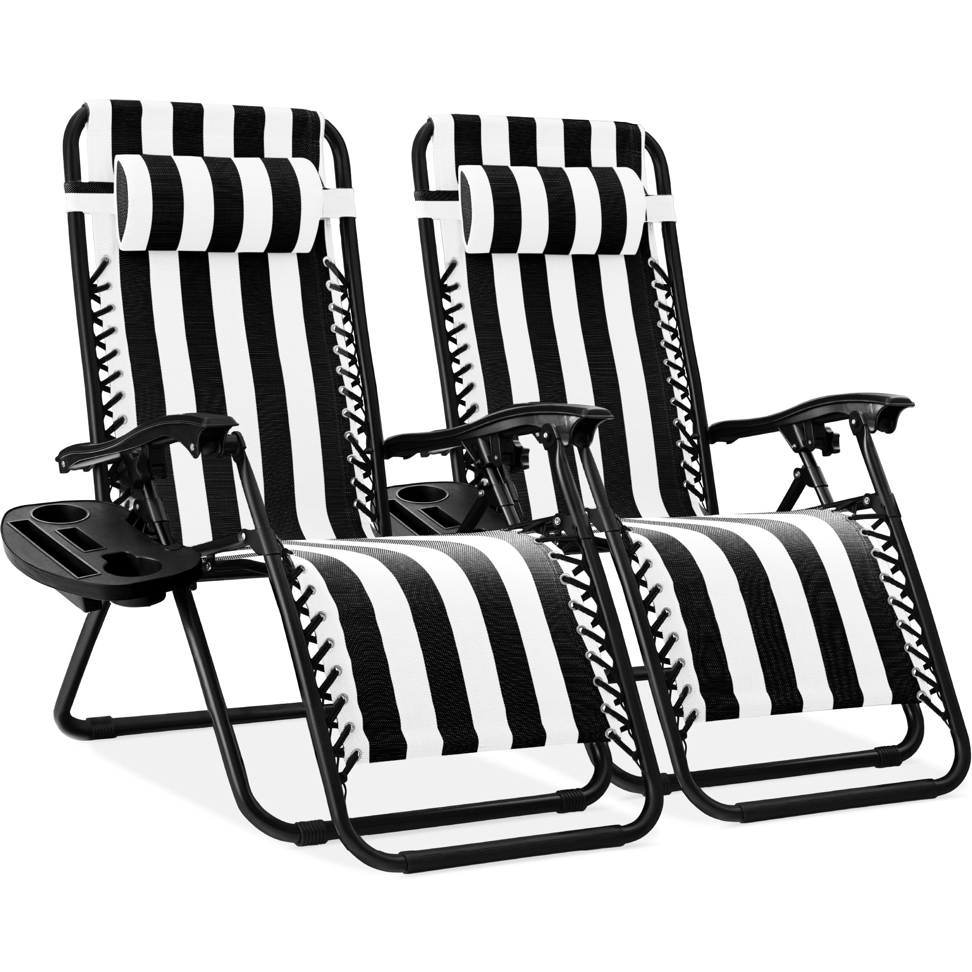 Set of 2 Adjustable Zero Gravity Patio Chair Recliners w/ Cup Holders - Black Striped