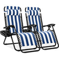 Set of 2 Adjustable Zero Gravity Patio Chair Recliners w/ Cup Holders - Blue Striped