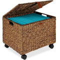 Mobile Water Hyacinth Rolling Filing Cabinet Storage Basket w/ Lid, Wheels - Chestnut