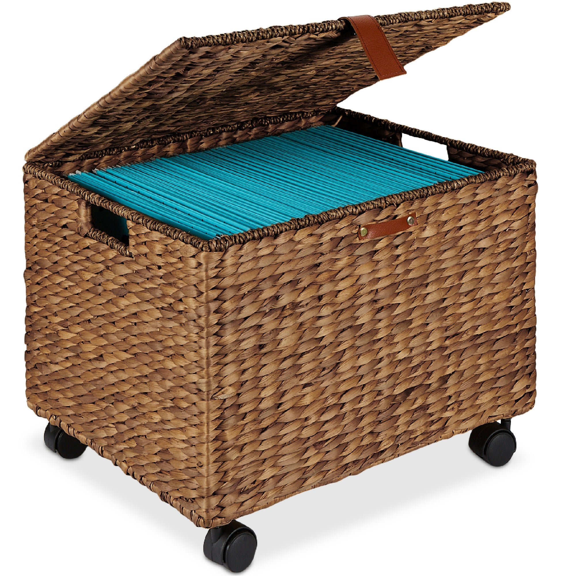 Mobile Water Hyacinth Rolling Filing Cabinet Storage Basket w/ Lid, Wheels - Chestnut