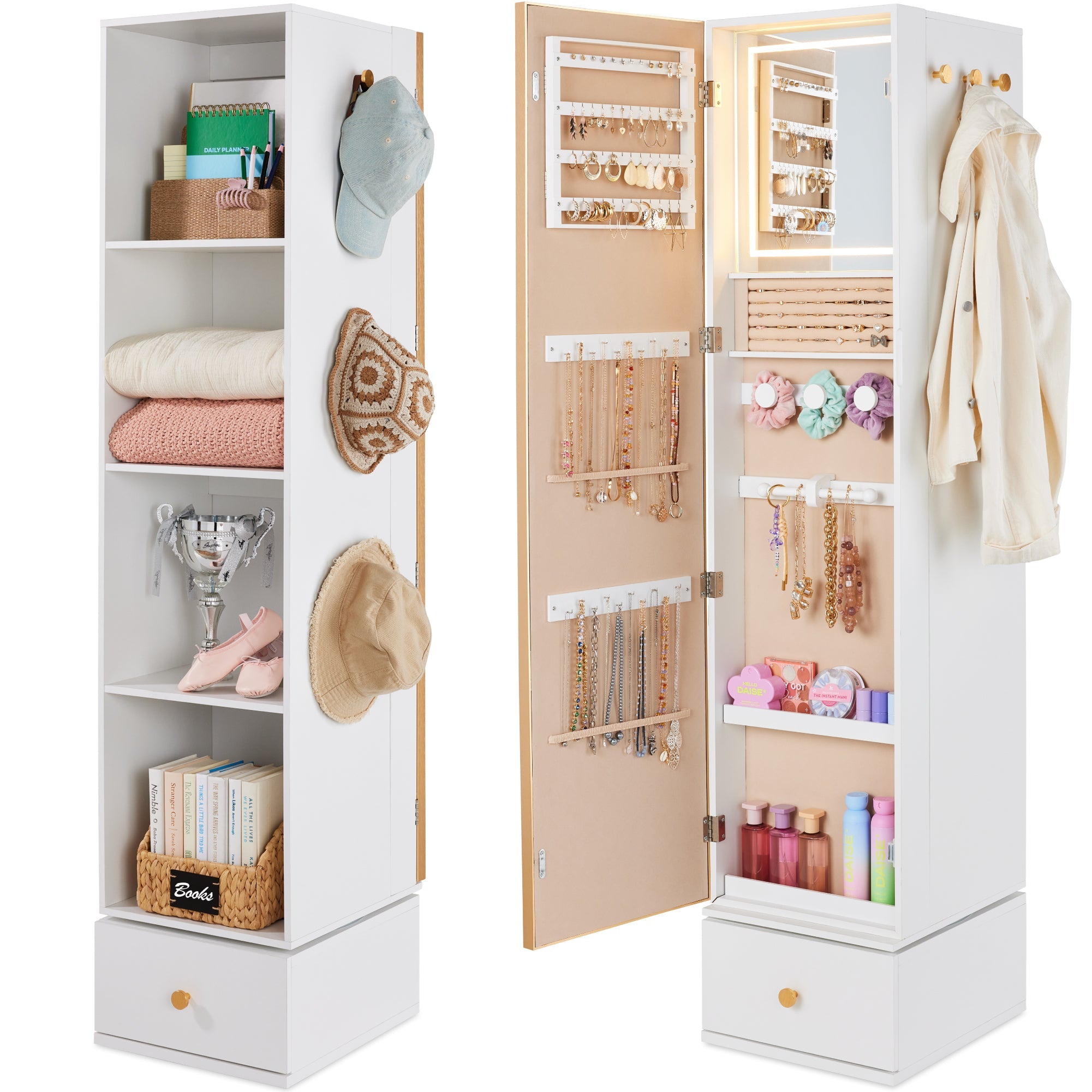 360 Rotating Jewelry Armoire Storage w/ Gold Metal Frame
