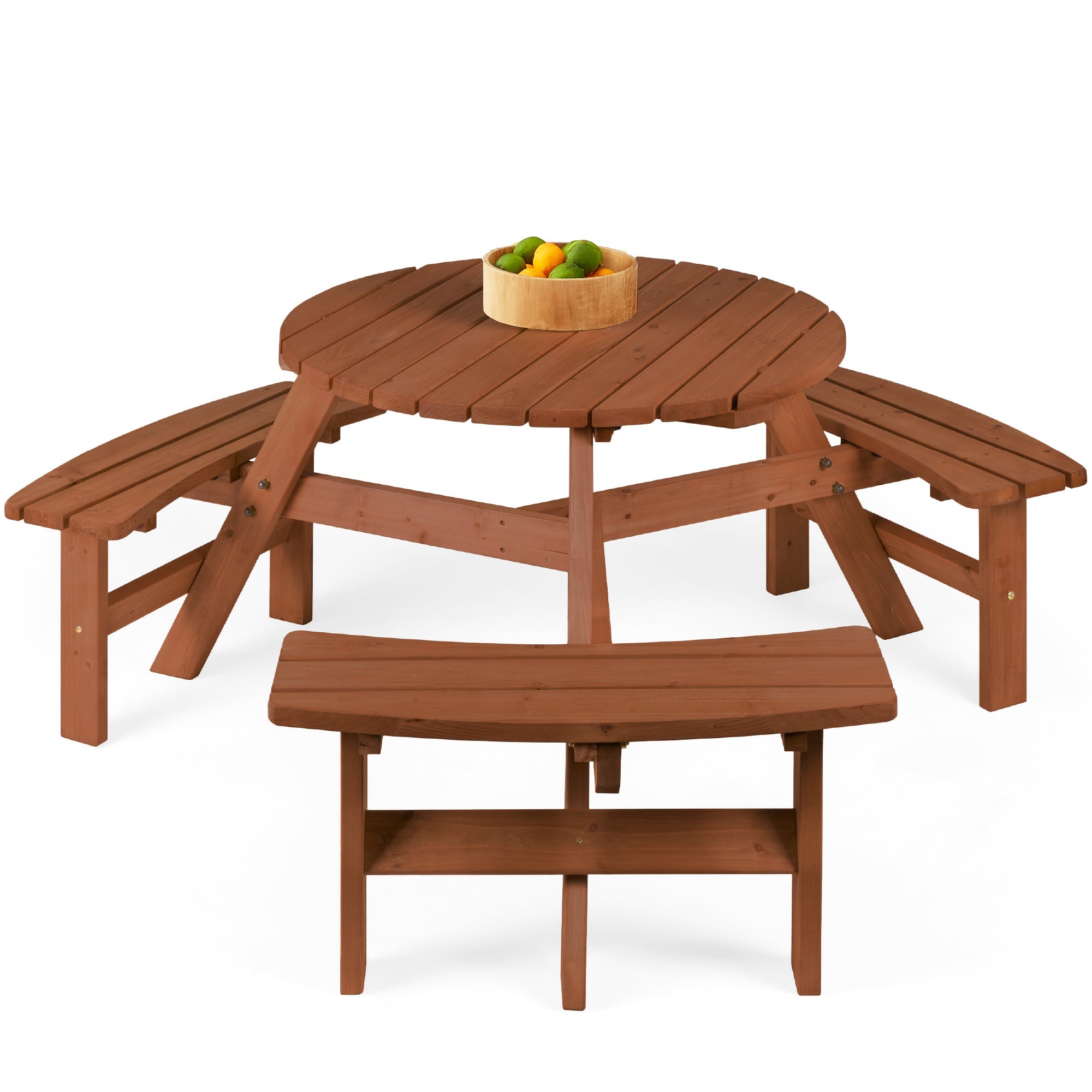 6-Person Circular Wooden Picnic Table w/ Umbrella Hole, 3 Benches - Acorn