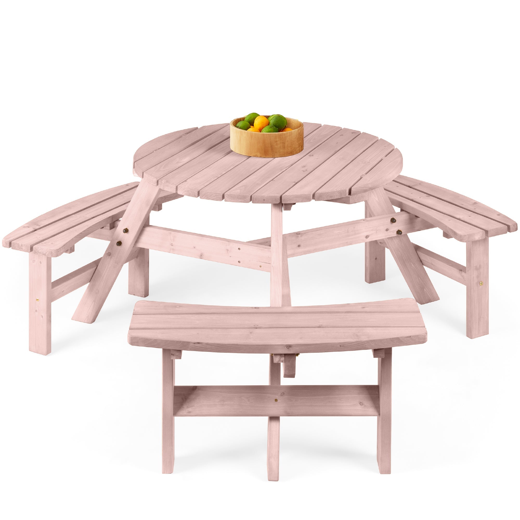 6-Person Circular Wooden Picnic Table w/ Umbrella Hole, 3 Benches - Rose Quartz