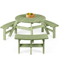 6-Person Circular Wooden Picnic Table w/ Umbrella Hole, 3 Benches - Sage Green