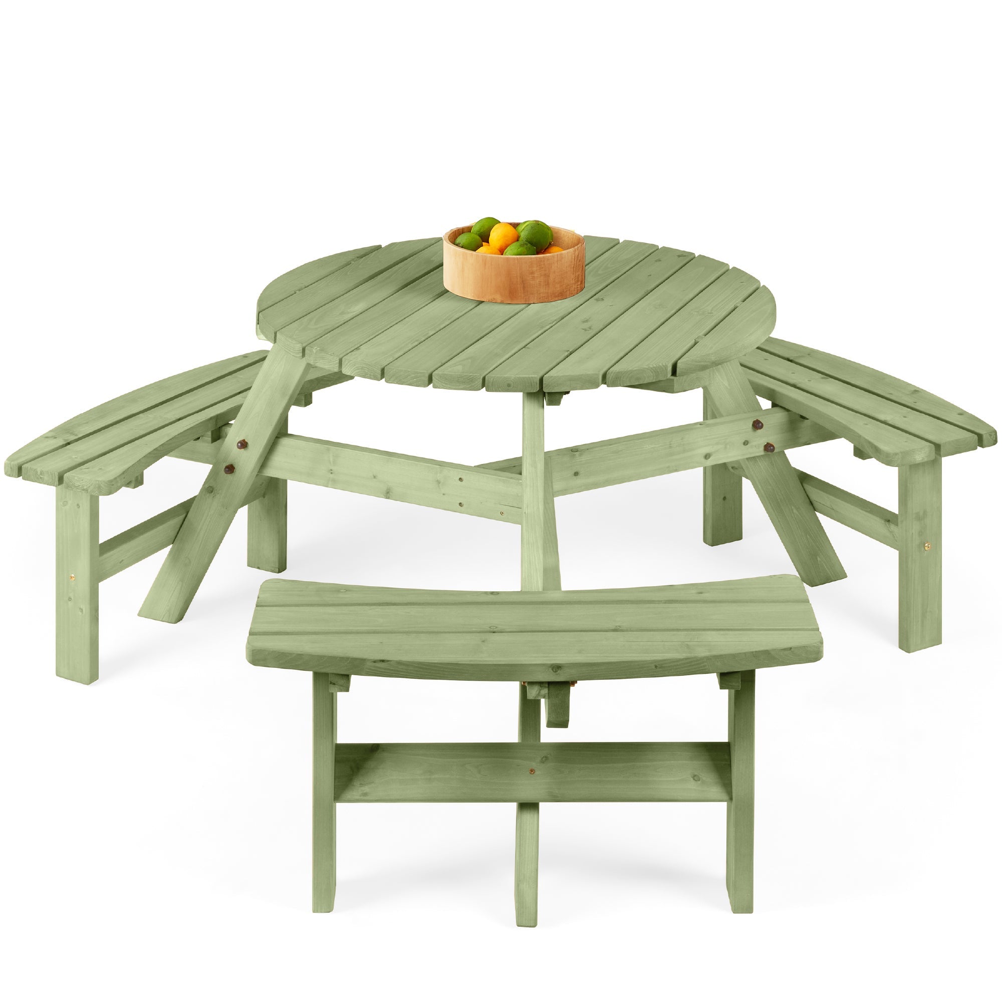 6-Person Circular Wooden Picnic Table w/ Umbrella Hole, 3 Benches - Sage Green