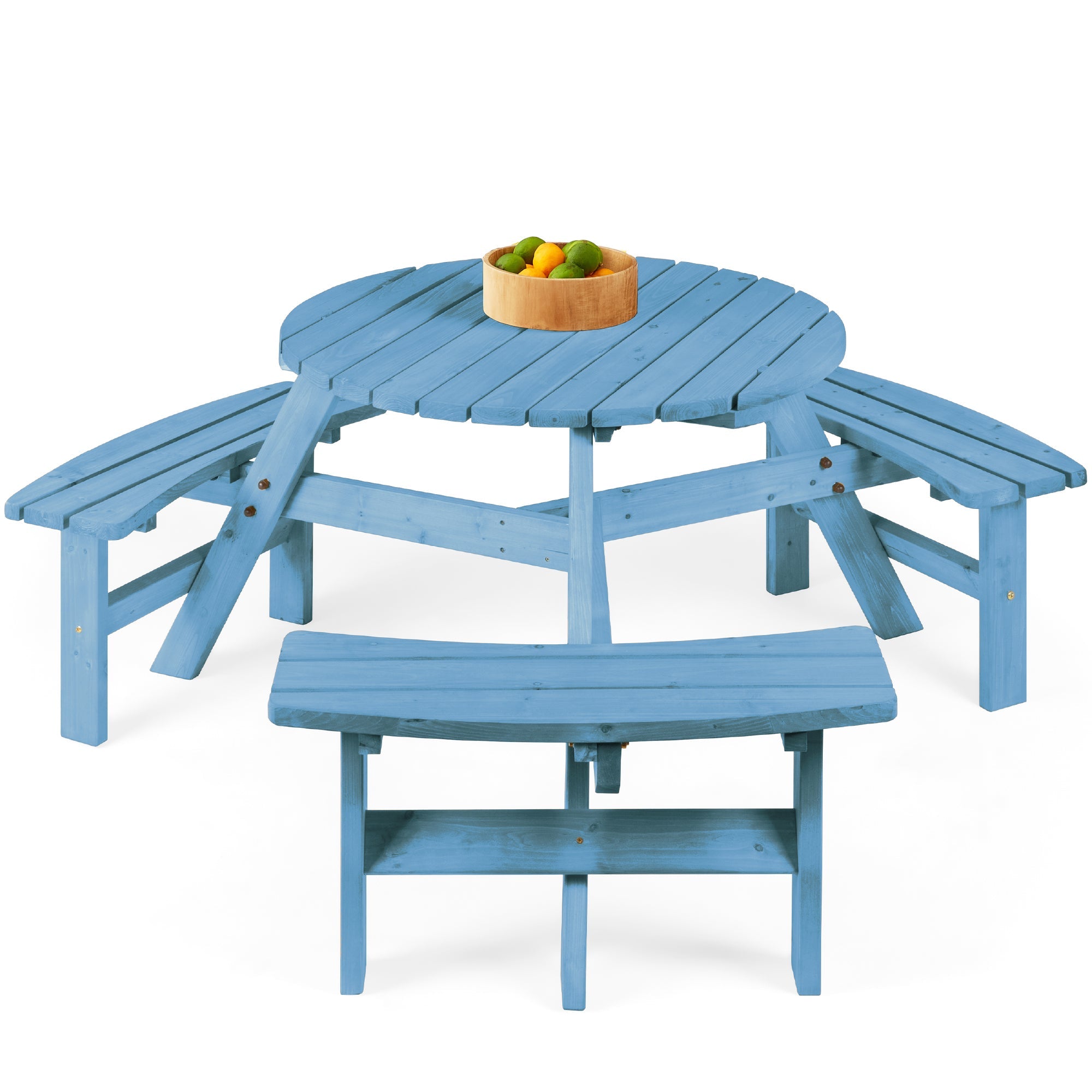 6-Person Circular Wooden Picnic Table w/ Umbrella Hole, 3 Benches - Seaside Breeze