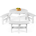6-Person Circular Wooden Picnic Table w/ Umbrella Hole, 3 Benches - White