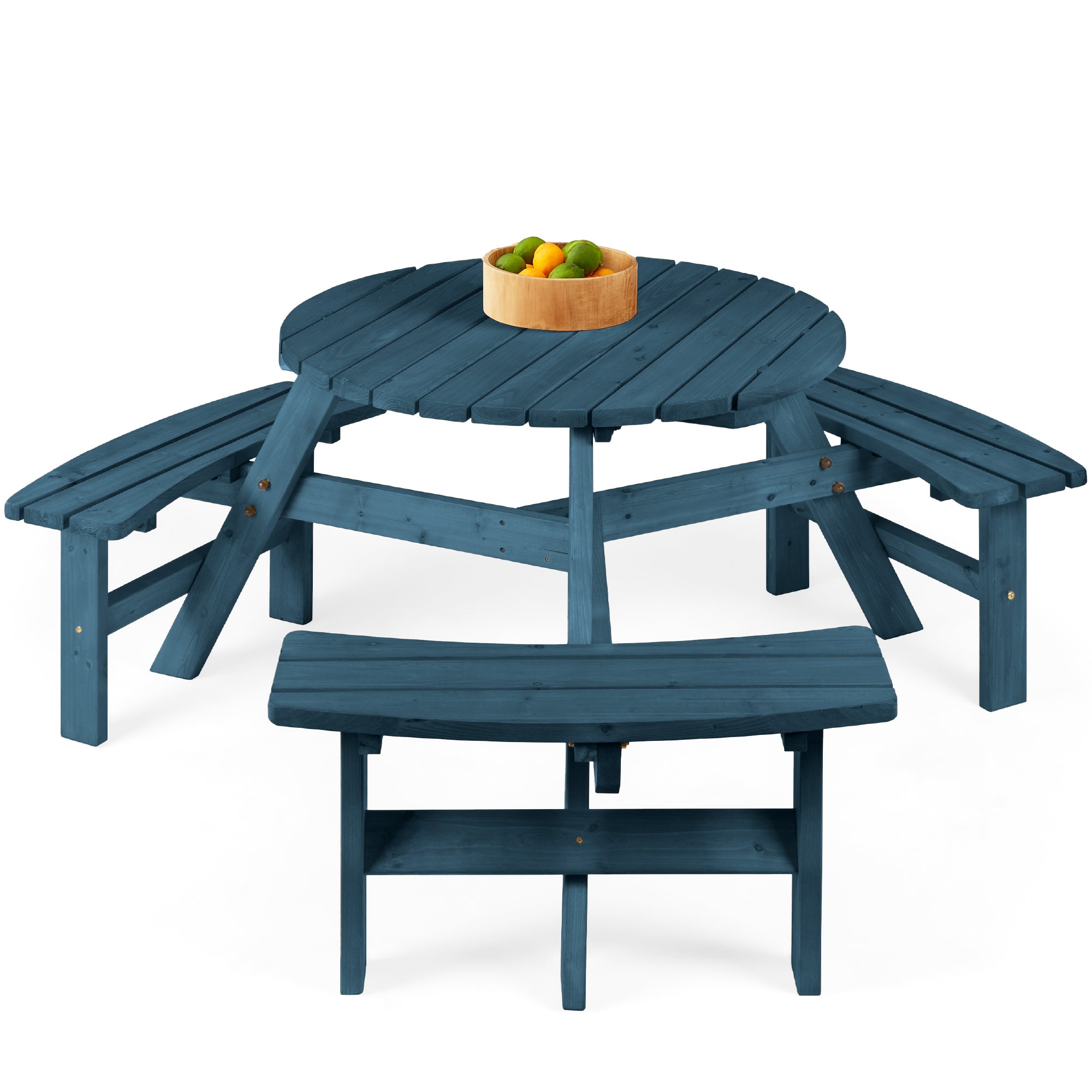 6-Person Circular Wooden Picnic Table w/ Umbrella Hole, 3 Benches - Harbor Blue