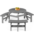 6-Person Circular Wooden Picnic Table w/ Umbrella Hole, 3 Benches - Gray
