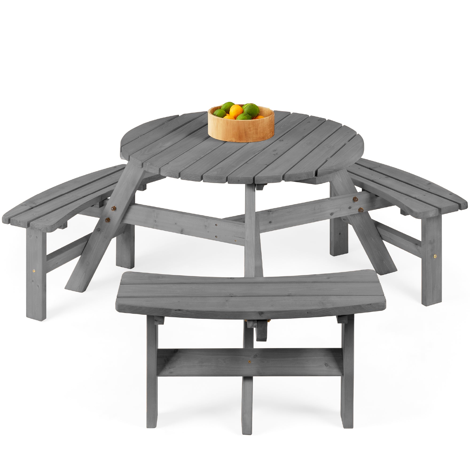 6-Person Circular Wooden Picnic Table w/ Umbrella Hole, 3 Benches - Gray
