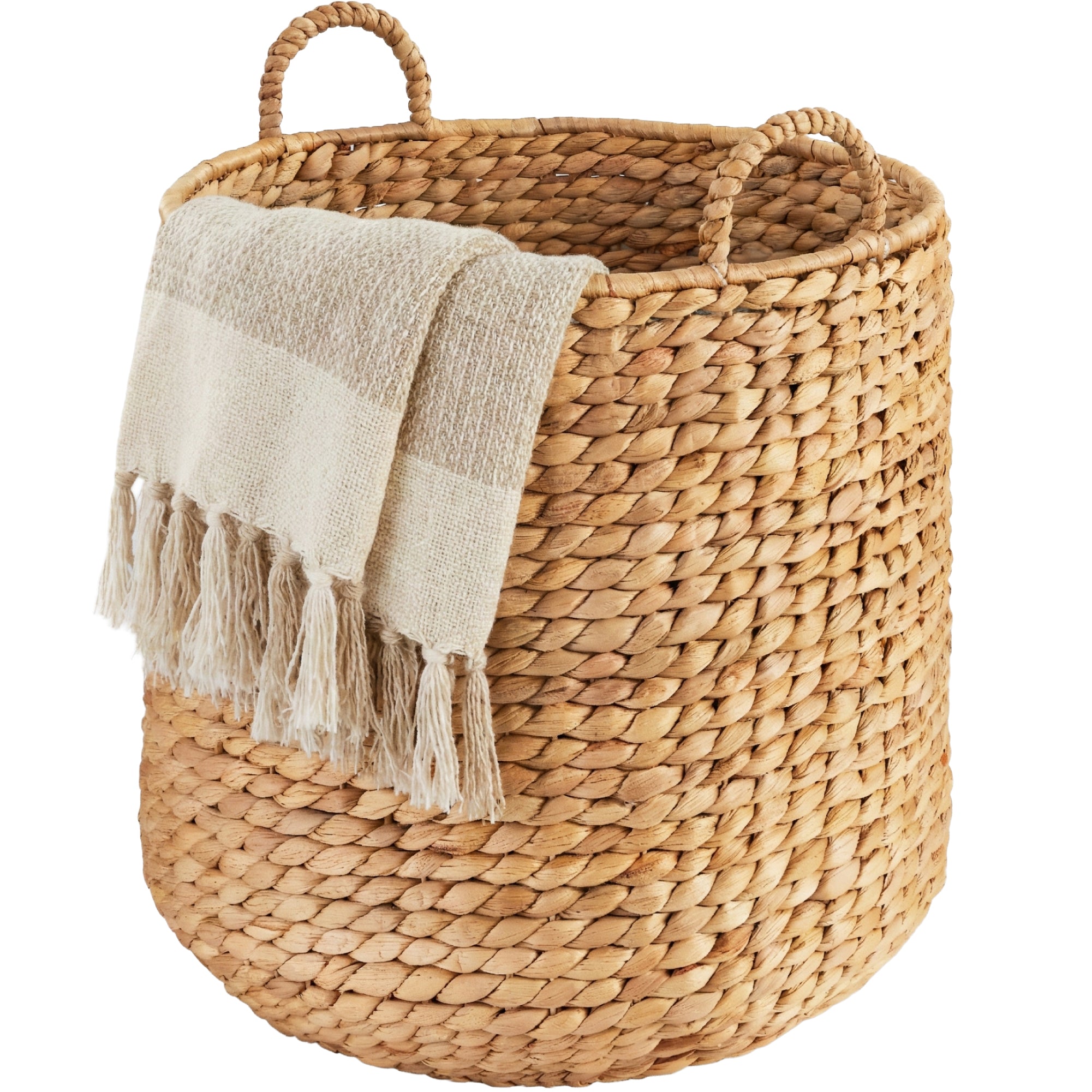 Round Storage Basket w/ Handles, Handwoven Water Hyacinth Tote - Natural