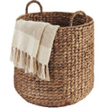 Round Storage Basket w/ Handles, Handwoven Water Hyacinth Tote - Chestnut