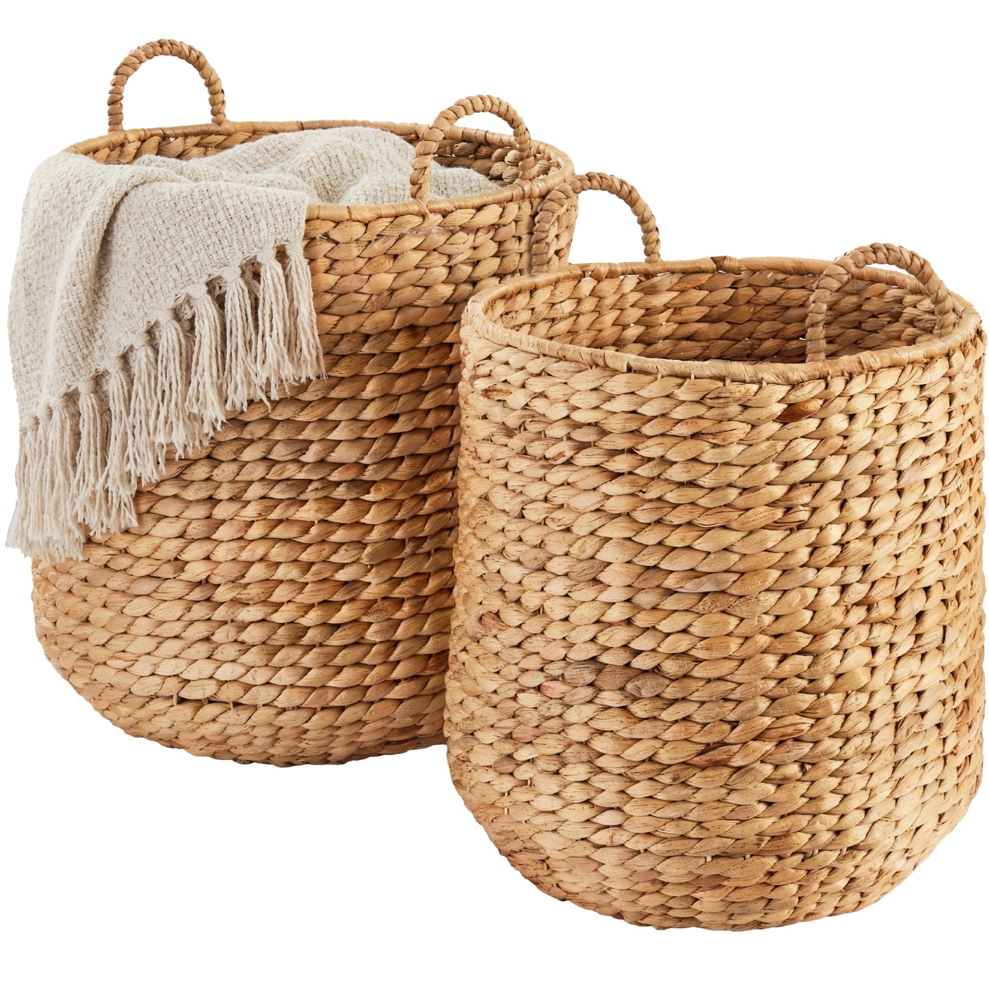 2-Piece Round Nesting Baskets W/Handles, Hyacinth Plant Holder & Storage Bin - Natural
