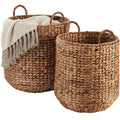 2-Piece Round Nesting Baskets W/Handles, Hyacinth Plant Holder & Storage Bin - Chestnut
