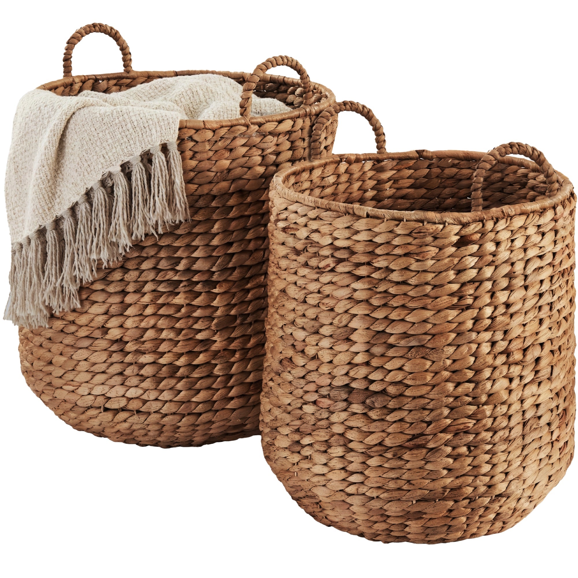 2-Piece Round Nesting Baskets W/Handles, Hyacinth Plant Holder & Storage Bin - Chestnut