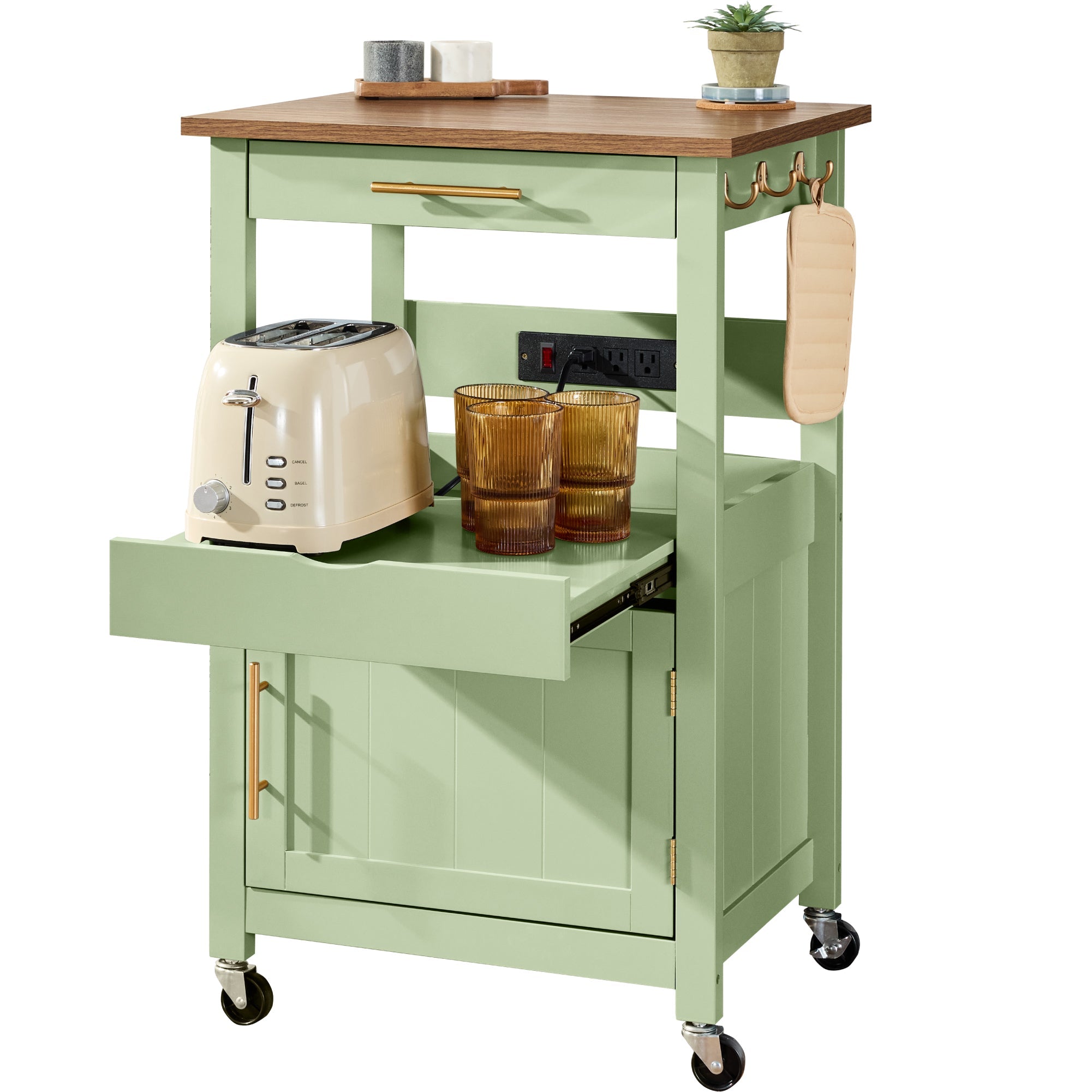 Rolling Kitchen Island Cart, Cabinet W/ Drawer, Sliding Tray, Outlet, Wheels - Pistachio Green