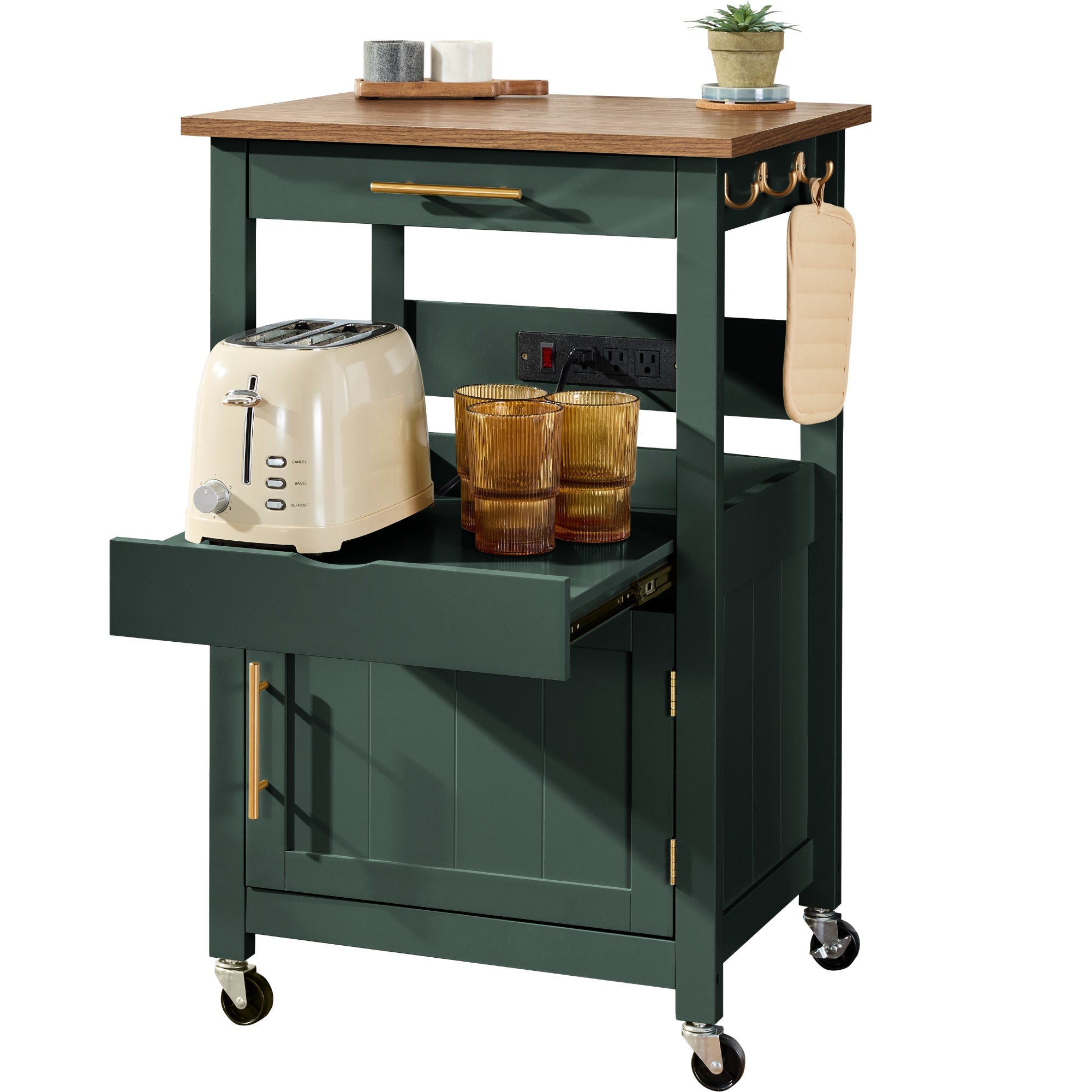 Rolling Kitchen Island Cart, Cabinet W/ Drawer, Sliding Tray, Outlet, Wheels - Forest Green