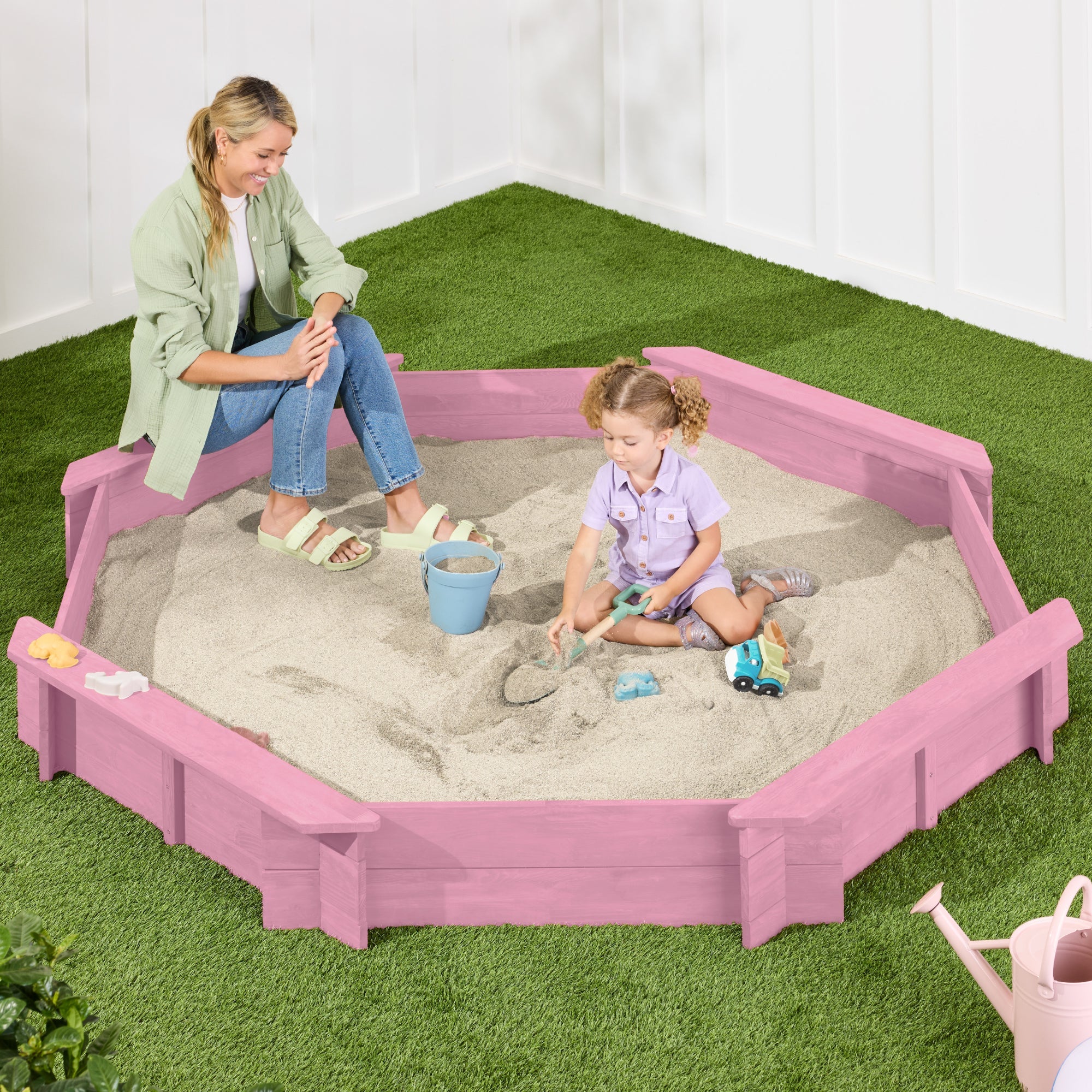 Kid's Wooden Octagonal Sandbox w/ Sand Cover, 4 Reinforced Benches, 8 Seats - Pink