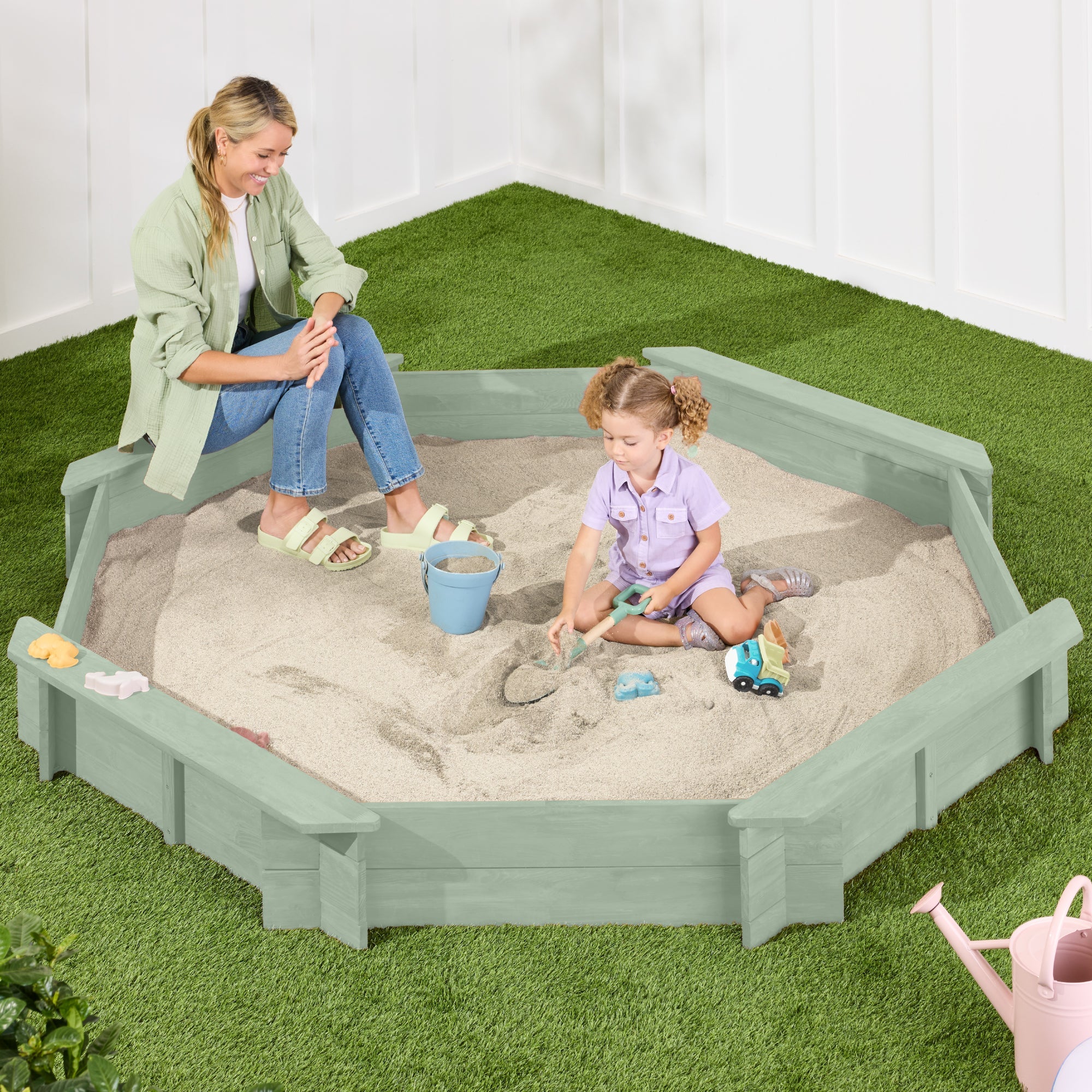 Kid's Wooden Octagonal Sandbox w/ Sand Cover, 4 Reinforced Benches, 8 Seats - Sage Green