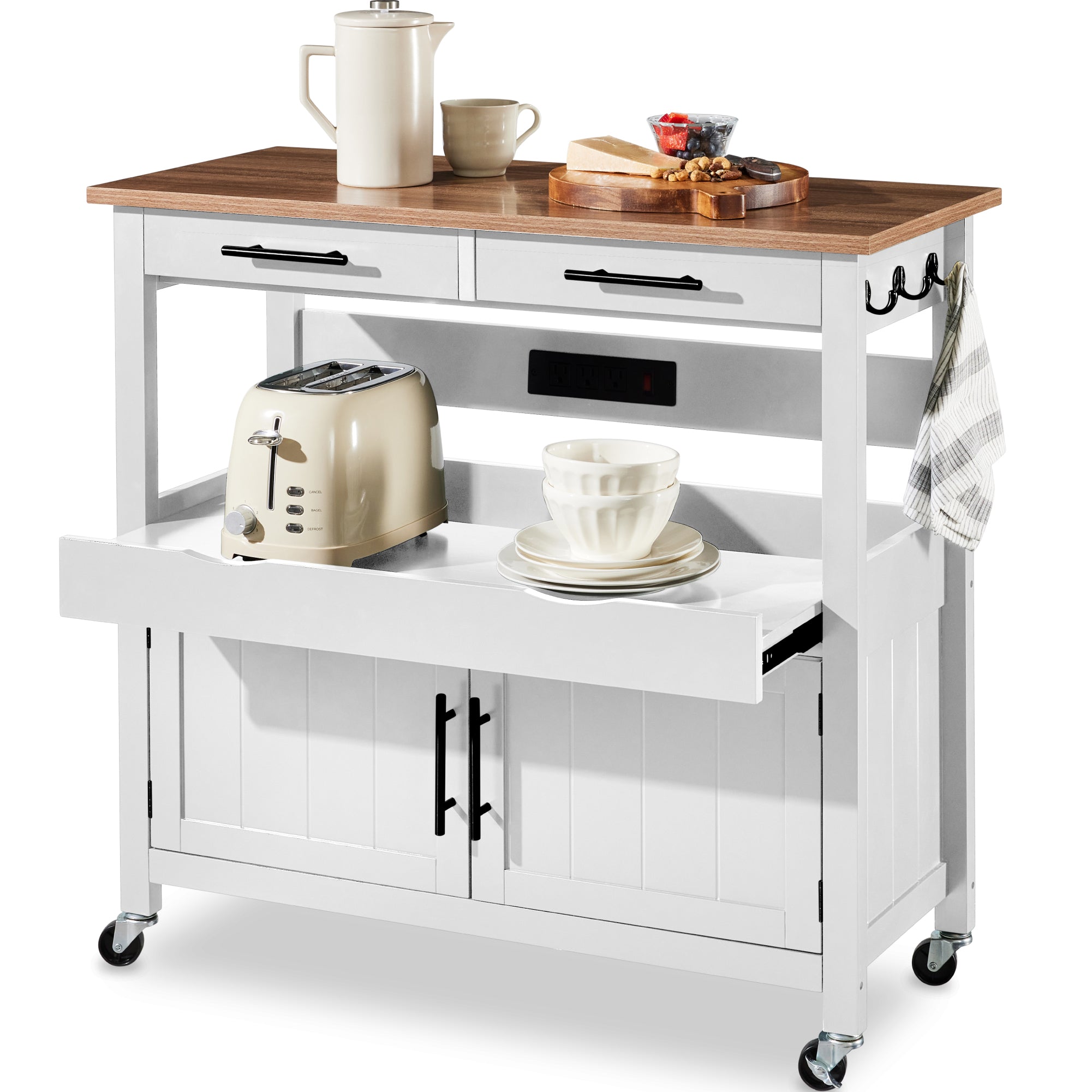 36in Large Rolling Kitchen Island Cart, 2-Door Cabinet, Outlet, & Wheels - White