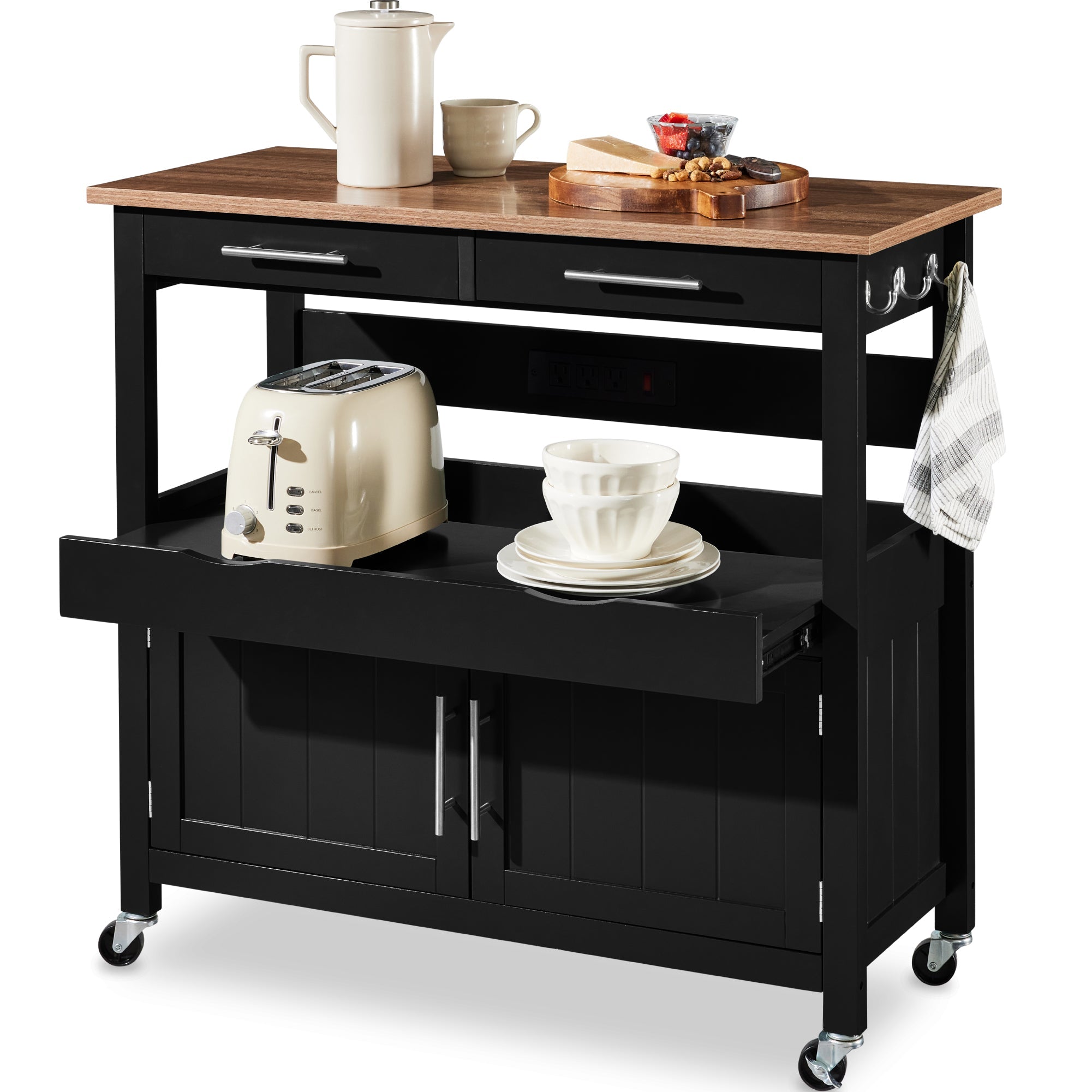 36in Large Rolling Kitchen Island Cart, 2-Door Cabinet, Outlet, & Wheels - Black
