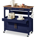 36in Large Rolling Kitchen Island Cart, 2-Door Cabinet, Outlet, & Wheels - Midnight Blue