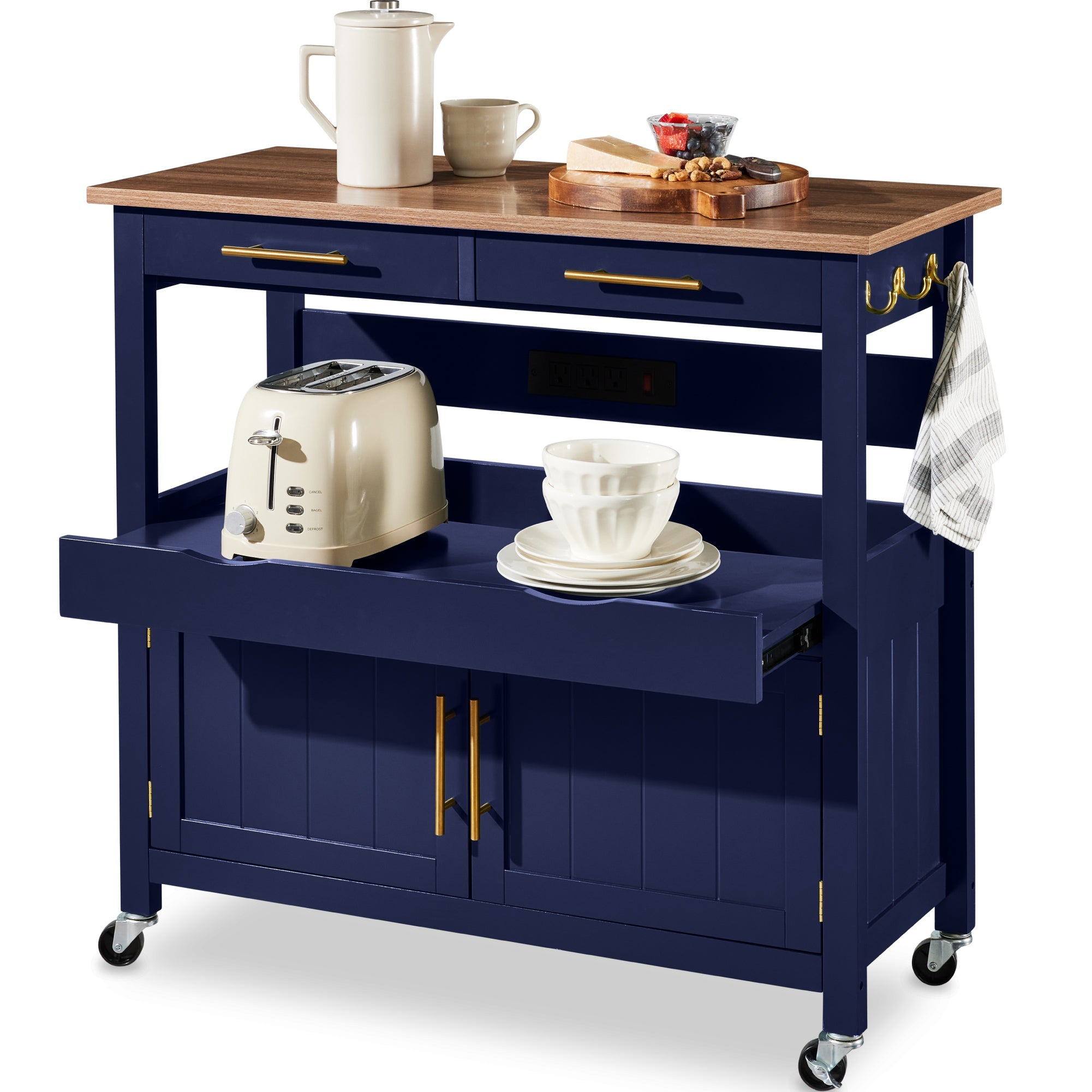 36in Large Rolling Kitchen Island Cart, 2-Door Cabinet, Outlet, & Wheels - Midnight Blue