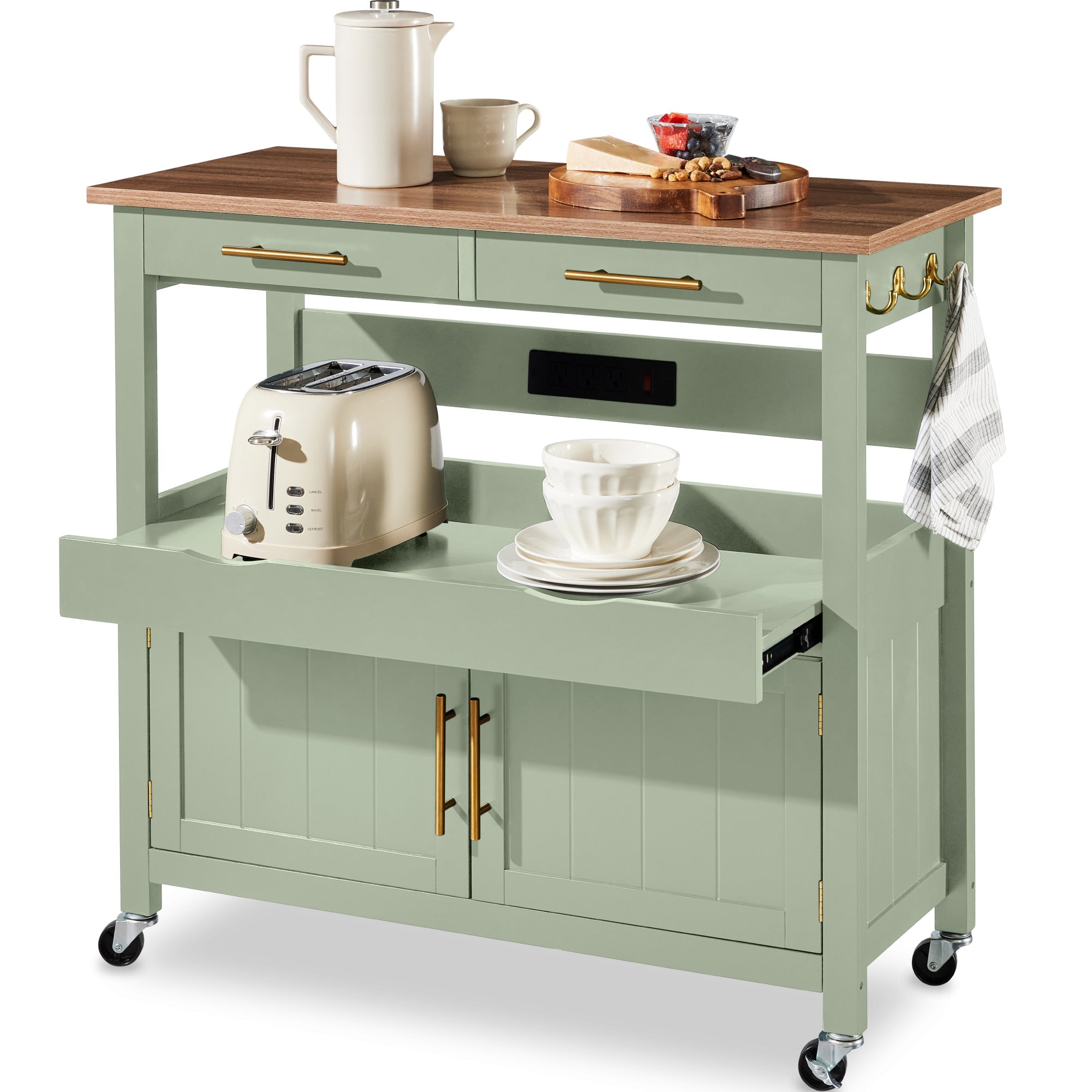 36in Large Rolling Kitchen Island Cart, 2-Door Cabinet, Outlet, & Wheels - Pistachio Green