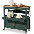 36in Large Rolling Kitchen Island Cart, 2-Door Cabinet, Outlet, & Wheels - Forest Green