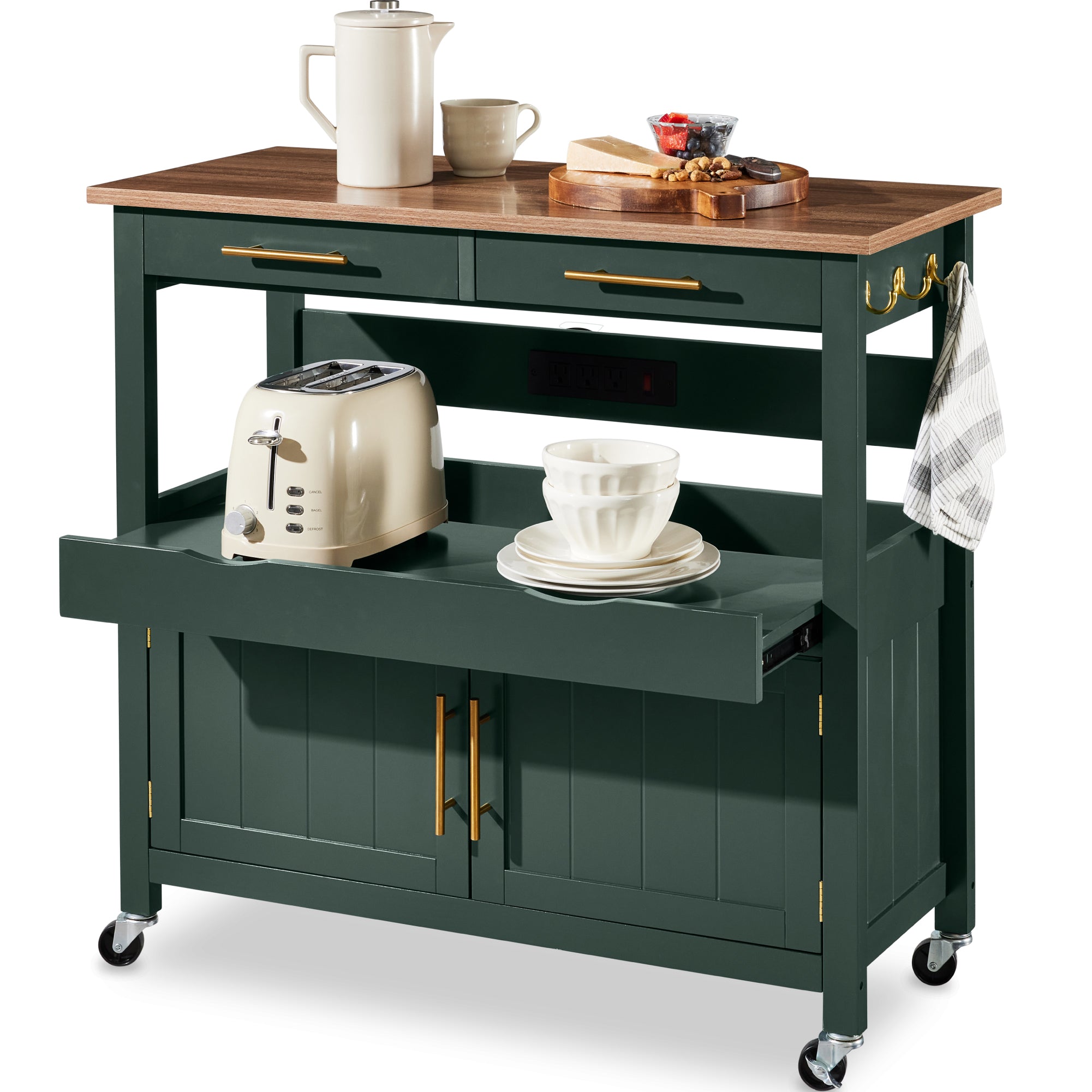 36in Large Rolling Kitchen Island Cart, 2-Door Cabinet, Outlet, & Wheels - Forest Green